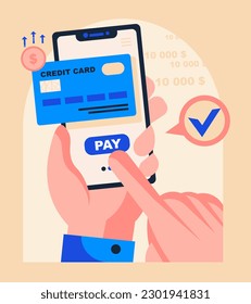 Paga con un solo clic. Solicitud de pagos en línea. Cartera electrónica en smartphone. Transferencia digital de dinero. Tarjeta de crédito por teléfono. Ilustración de vector de color