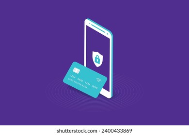 Pagar en línea con tarjeta.  Transacción de garantía de pago en línea a través de tarjeta de crédito. Protección digital, pago inalámbrico a través de smartphone.  Ilustración del vector