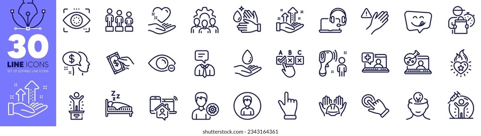 Pay, Online chemistry and Water care line icons pack. Hold heart, Support, Touchscreen gesture web icon. Person, Winner podium, Dont touch pictogram. Medical help, Sleep, Correct checkbox. Vector