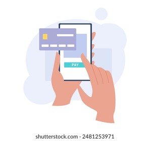 Pay Online Concept. Hands with Phone. Mobile Shopping.  Vector Illustration.