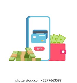 Pay online concept. Use smartphone for nfc transaction. Paying by credit card via electronic wallet wirelessly. Internet shopping. Vector illustration isolated on white background