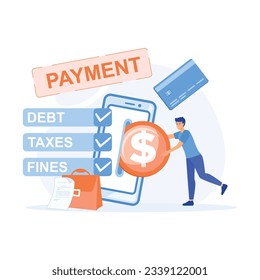 Pay online concept, Young man paying taxes and debts on the cellphone apps, flat vector modern illustration