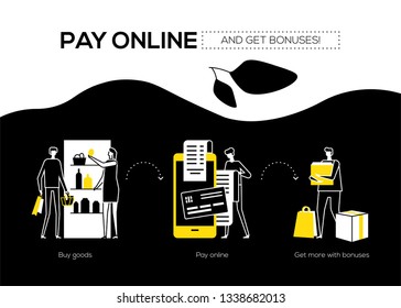 Pay online and get bonuses - flat design style banner. Black, yellow and white unusual composition showing the processes of buying products, payment by mobile app and taking gifts. Shopping concept