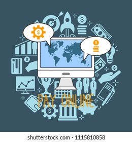 Pay online illustration. Flat line design style concept for e-commerce, m-commerce, online shopping, finance, banking, m-banking. Concept for website banners and printed materials.