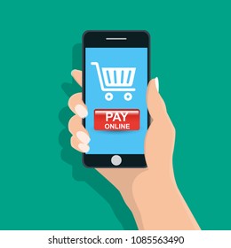 Pay online ,Man holding mobile phone ,payment online in the screen - Vector illustration.