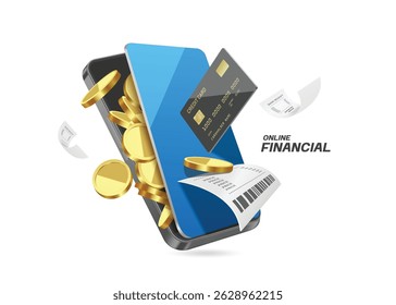 Pay for online purchases with a credit card using your smartphone and paper receipt or invoice comes out and floats in air around you, vector 3d isolated for online shopping, digital wallet concept