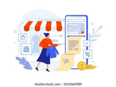 Pay in online shop using smartphone, woman buyer. Vector buyer online, pay in shop phone, e-commerce retail digital illustration