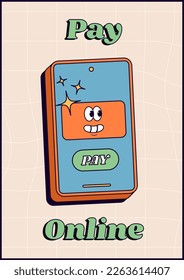 Pay online technology. Old catroon credit card. Vintage style. New mobile banking app and e-payment vector illustration