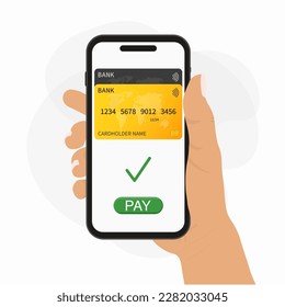 Pagar en línea - ilustración vectorial del teléfono con tarjeta de crédito y botón de pago a mano pulsando sobre fondo blanco. 