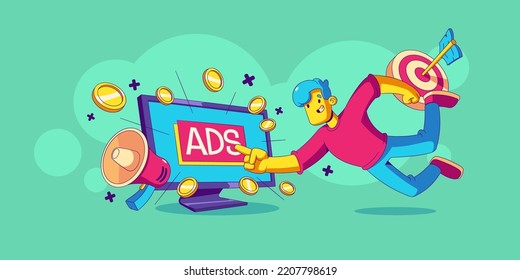 Pay per click, ads marketing strategy. Man click on advertising banner on computer screen, icons of money, target and megaphone, vector illustration in contemporary style