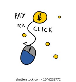 Pay per click advertisement concept with text. Mouse and money coin. Hand drawn doodle vector illustration. Isolated on white background.