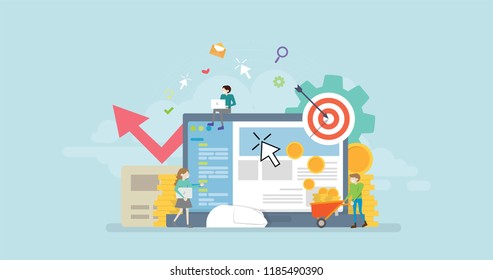 Pay Per Click Advertisement Tiny People Character Concept Vector Illustration, Suitable For Wallpaper, Banner, Background, Card, Book Illustration, And Web Landing Page