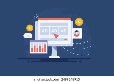 Pay per click advertising campaign, Click through rate, Cost per click, Search engine marketing analytics, Paid ad on search engine - vector illustration background with icons