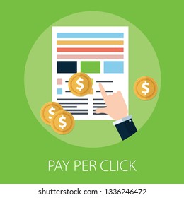 pay per click advertising, sponsored listing, paid search marketing and money payment concept. vector banner with icons isolated