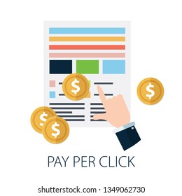 pay per click advertising, sponsored listing, paid search marketing and money payment concept. vector banner with icons isolated