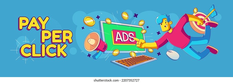 Pay Per Click Banner, Ads, Ppc Business Concept With Contemporary Character Clicking On Ad Link At Pc Screen. Advertising Technology, Sponsored Media Listing, Cartoon Linear Flat Vector Illustration