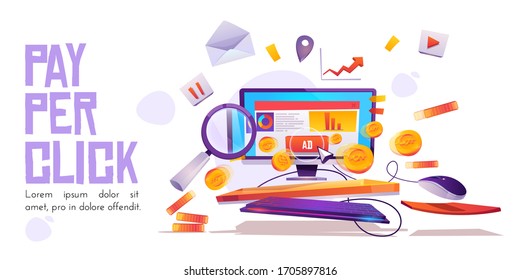 Pay per click banner, computer desktop with cursor clicking on ad button, searching magnifier and money coins. Ppc business, cpc advertising technology, sponsored listing cartoon vector illustration