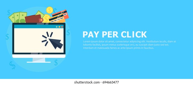 Pay per click banner. Computer with money. Vector flat illustration