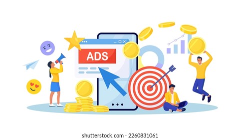 Pay Per Click concept. Advertising marketing in the internet. PPC business, CPC technology, sponsored listing. Tiny characters standing near phone screen with cursor clicking on ad button. Web search