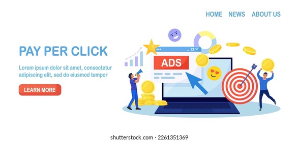 Pay Per Click concept. Advertising marketing in the internet. PPC business, CPC technology, sponsored listing. Tiny characters standing near laptop screen with cursor clicking on ad button. Web search