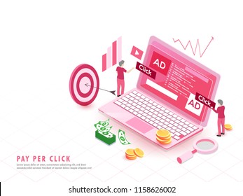 Pay Per Click concept based isometric design with illustration of laptop with business people or customer purchasing or making online payment.
