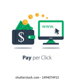 Pay per click concept, distant job, making money online, internet business and finance, fast payment, easy cash loan, e-commerce and advertising, vector flat illustration