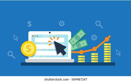 Pay Per Click concept - flat vector illustration. Graph, laptop, arrow and profit. PPC advertising and conversion.