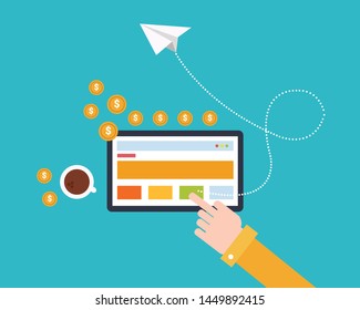 Pay Per Click concept. Hand makes a click on a computer advertising and the other gets to monetize profit in flat style