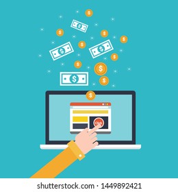 Pay Per Click concept. Hand makes a click on a computer advertising and the other gets to monetize profit in flat style