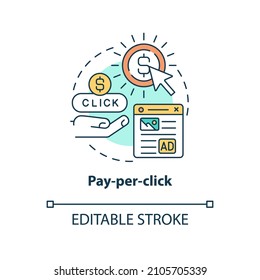 Icono de concepto de pago por clic. Marketing digital. Herramienta de publicidad pagada, idea abstracta, ilustración de línea delgada. Dibujo de contorno aislado. Trazo editable. Fuentes Roboto-Medium, Myriad Pro-Bold utilizadas