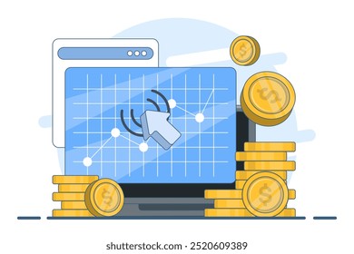 Pay-per-Click-Konzept, Internet-Marketing, Kosten pro Klick, Investitionen in digitale Werbung auf Websites und sozialen Medien, bezahlte Marketingstrategien, CPC-Geschäftswachstum, Werbematerialien.