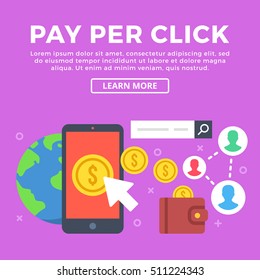 Pay per click concept. Mobile phone, gold coins, cursor icon, wallet, Earth, etc. Modern graphic elements for web banners, infographics, web design, printed materials. Flat design vector illustration