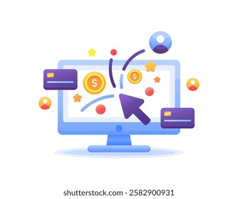 pay per click concept. online advertising where advertisers pay each time their ad is clicked. click to win prize. illustration of a computer monitor with cursor, coins and debit card. flat style 