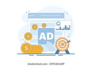 pay per click concept. online advertising where advertisers pay each time their ads are clicked. click to earn money. computer monitor with cursor, coins and debit card. flat illustration.