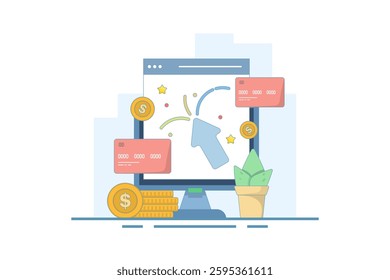 pay per click concept. online advertising where advertisers pay each time their ads are clicked. click to earn money. computer monitor with cursor, coins and debit card. flat illustration.