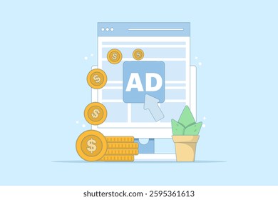 pay per click concept. online advertising where advertisers pay each time their ads are clicked. click to earn money. computer monitor with cursor, coins and debit card. flat illustration.