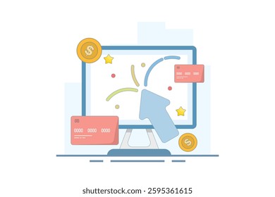 pay per click concept. online advertising where advertisers pay each time their ads are clicked. click to earn money. computer monitor with cursor, coins and debit card. flat illustration.