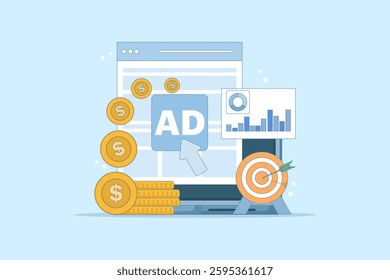 pay per click concept. online advertising where advertisers pay each time their ads are clicked. click to earn money. computer monitor with cursor, coins and debit card. flat illustration.