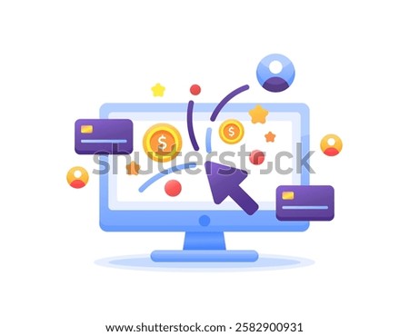 pay per click concept. online advertising where advertisers pay each time their ad is clicked. click to win prize. illustration of a computer monitor with cursor, coins and debit card. flat style 