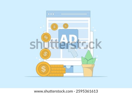pay per click concept. online advertising where advertisers pay each time their ads are clicked. click to earn money. computer monitor with cursor, coins and debit card. flat illustration.