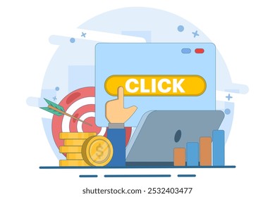 conceito de pagamento por clique, campanha de publicidade paga, PPC, Promoção de uma marca para um público, marketing na internet, campanha de marketing que paga pela publicidade on-line para atrair usuários a visitar um site.