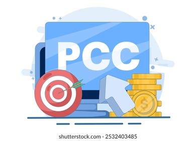 conceito de pagamento por clique, campanha de publicidade paga, PPC, Promoção de uma marca para um público, marketing na internet, campanha de marketing que paga pela publicidade on-line para atrair usuários a visitar um site.