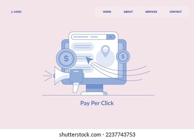 Pay per click concept, Search engine marketing for online business development, Spending money on digital marketing campaign - outline vector landing page template