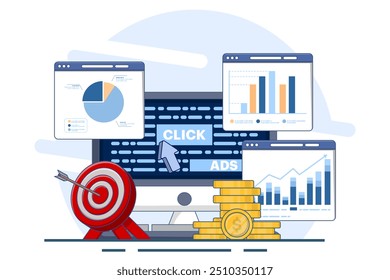 Concepto de pago por Hacer clic para Sitios web. Publicidad en Internet, haciendo clic en anuncios, sistema de pago por Hacer clic. Publicidad. Ilustraciones para Sitios web, páginas, aplicaciones y Anuncios. Ilustración vectorial.