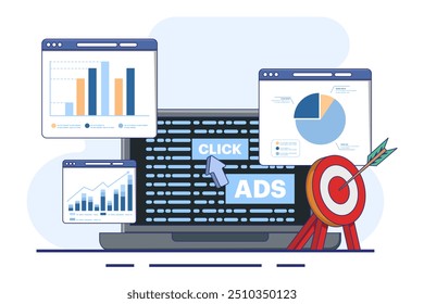 Pay per click concept for websites. Advertising on the internet, clicking on ads, pay per click system. Advertising. Illustrations for websites, pages, applications and banners. Vector illustration.