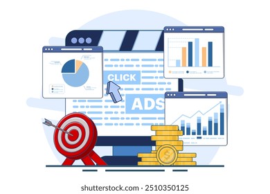 Conceito de pagamento por clique para sites. Publicidade na Internet, clique em anúncios, pague por clique sistema. Publicidade. Ilustrações para sites, páginas, aplicativos e banners. Ilustração vetorial.