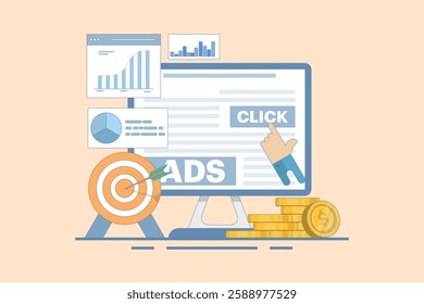 Pay per click concept for websites. Advertising on the internet, clicking on ads, pay per click system. PPC advertising strategies, clicking on ads and more. Flat vector illustration on background.