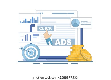 Pay per click concept for websites. Advertising on the internet, clicking on ads, pay per click system. PPC advertising strategies, clicking on ads and more. Flat vector illustration on background.