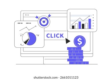 Pay per click concept for websites. Advertising on the internet, clicking on ads system. Flat Cartoon Vector Illustration, icon Stylish abstract design landing page