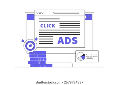 Concepto de pago por Hacer clic para Sitios web. Publicidad en Internet, haciendo clic en anuncios, sistema de pago por Hacer clic. Estrategias publicitarias de PPC, anuncios de clics y más. Ilustración vectorial plana de la historieta, icono con estilo 